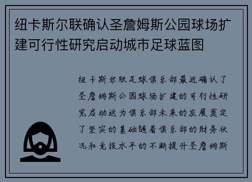 纽卡斯尔联确认圣詹姆斯公园球场扩建可行性研究启动城市足球蓝图